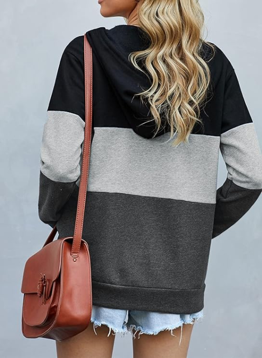 Hanorac lejer de dama cu gluga si fermoar, negru/gri/gri inchis S [4]