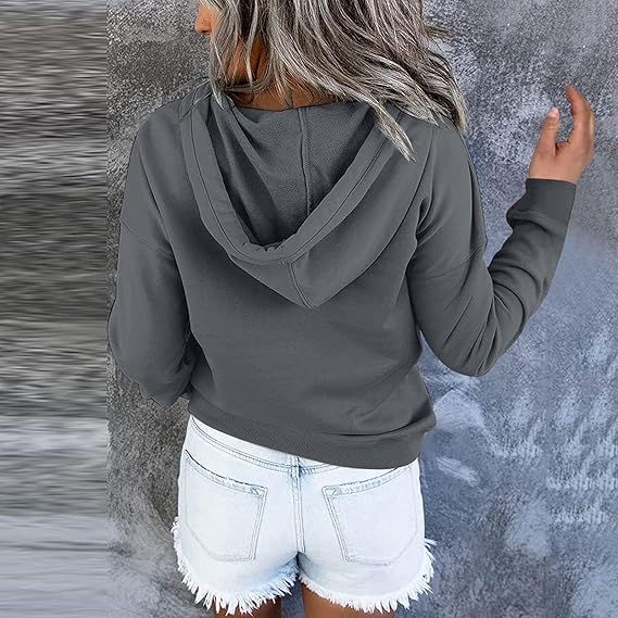 Hanorac lejer cu gluga, de dama, decolteu cu nasturi, gri S [4]