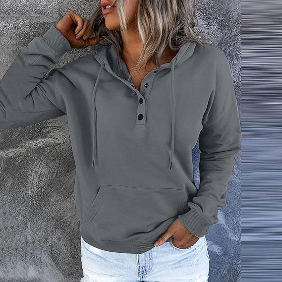 Hanorac lejer cu gluga, de dama, decolteu cu nasturi, gri S [3]