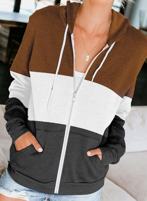 Hanorac lejer de dama cu gluga si fermoar, maro/gri/gri inchis S [3]