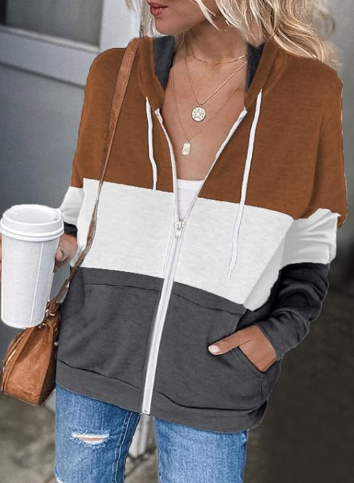 Hanorac lejer de dama cu gluga si fermoar, maro/gri/gri inchis S [6]