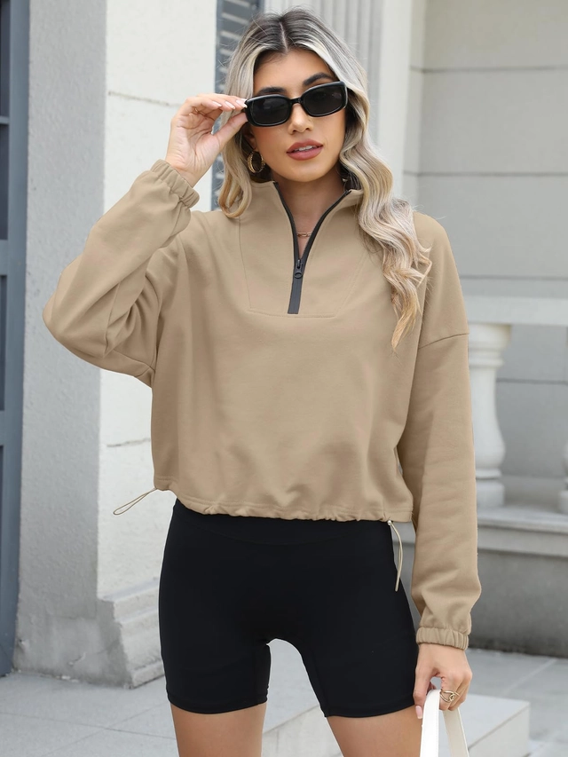 Hanorac sport de dama cu fermoar 1/4 si talie reglabila, crem XL [3]