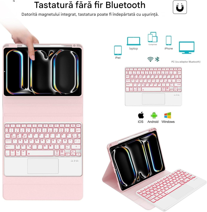 Husa compatibila cu iPad Pro 11 inch M4 2024, 5th Generation, Magnetic Removable Bluetooth 7-Color Lighting [3]