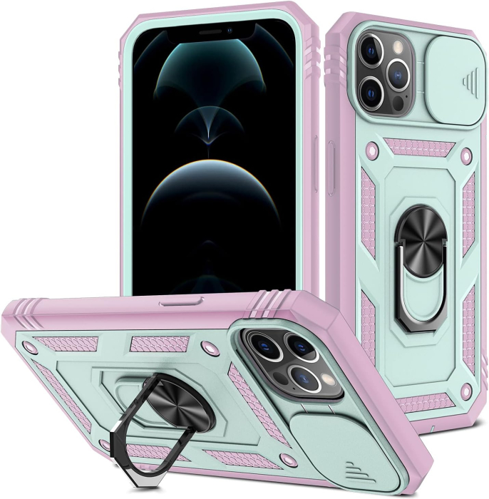 Husa compatibila cu iPhone 12 Pro Max 6,7 inch, anti-soc, cu suport asezare, verde/roz [1]