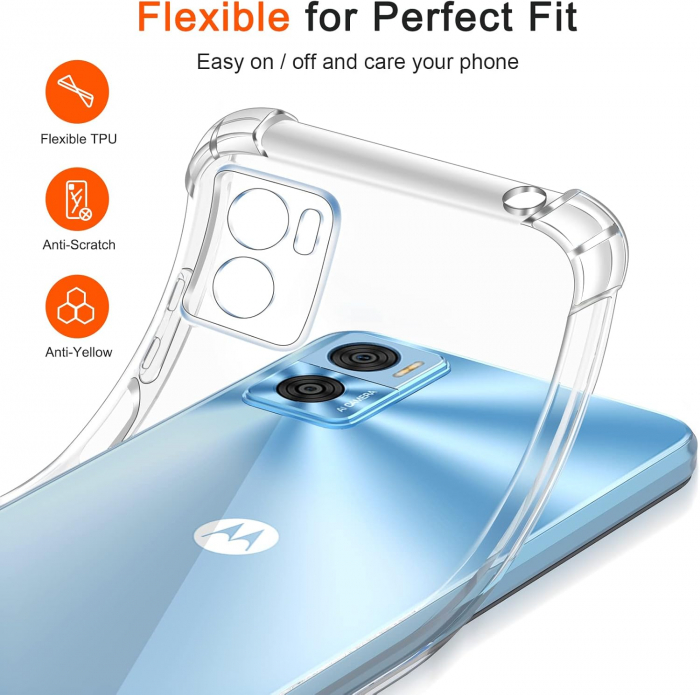 Husa compatibila cu Motorola Moto E22, anti-soc, subtire, elastica, Transparenta set cu 3 folii ecran [6]