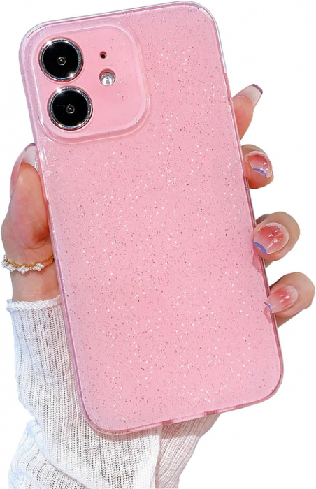 Husa compatibila cu iPhone 12, anti-soc, subtire, elastica, Roz cu sclipici [1]