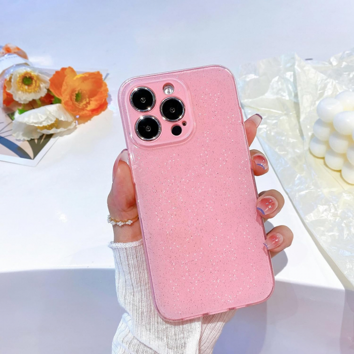 Husa compatibila cu iPhone 12, anti-soc, subtire, elastica, Roz cu sclipici [3]