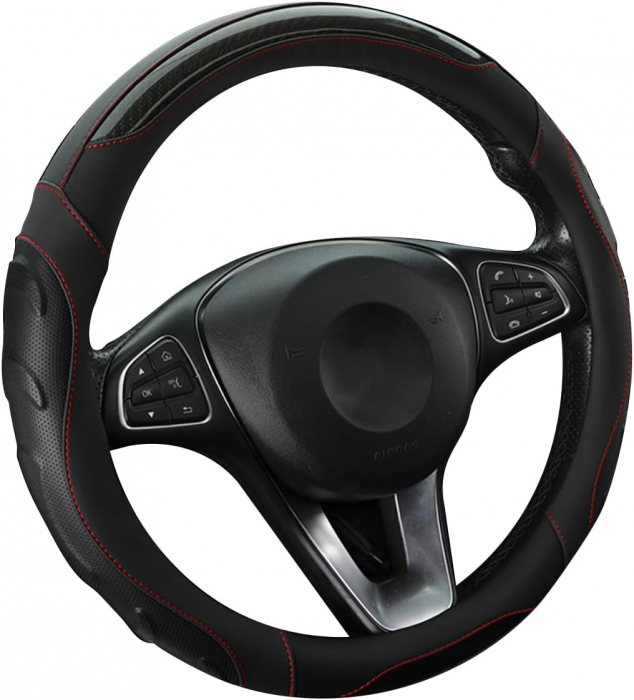 Husa de volan, neagră (linie roșie), din piele Nappa perforată, din fibră de carbon, diametru 37-39 cm [1]