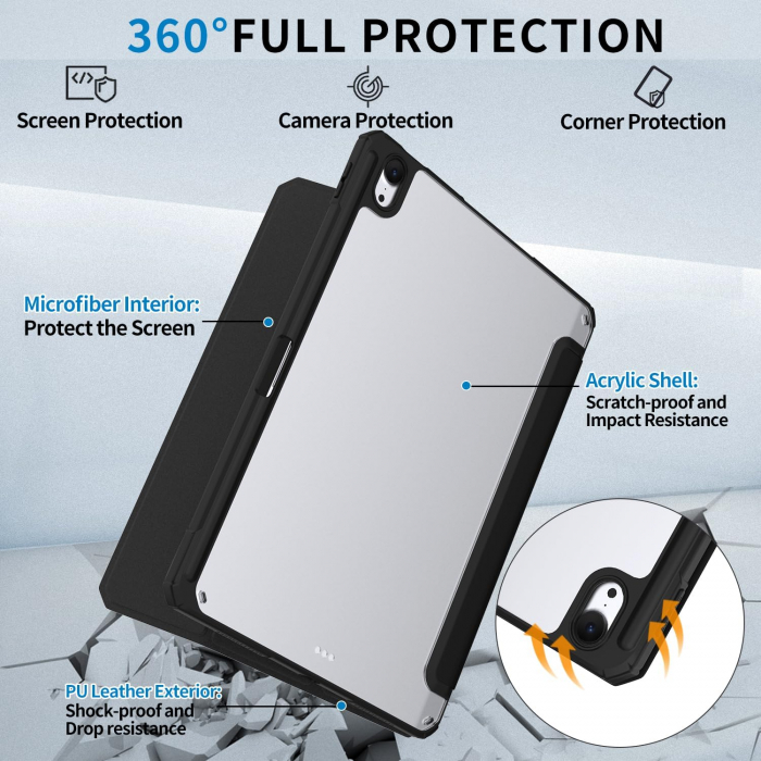 Husă iPad Pro 11 inch M4 2024, cu suport pentru creion, suport triplu din piele PU, cu Auto Wake Sleep-neagra [3]