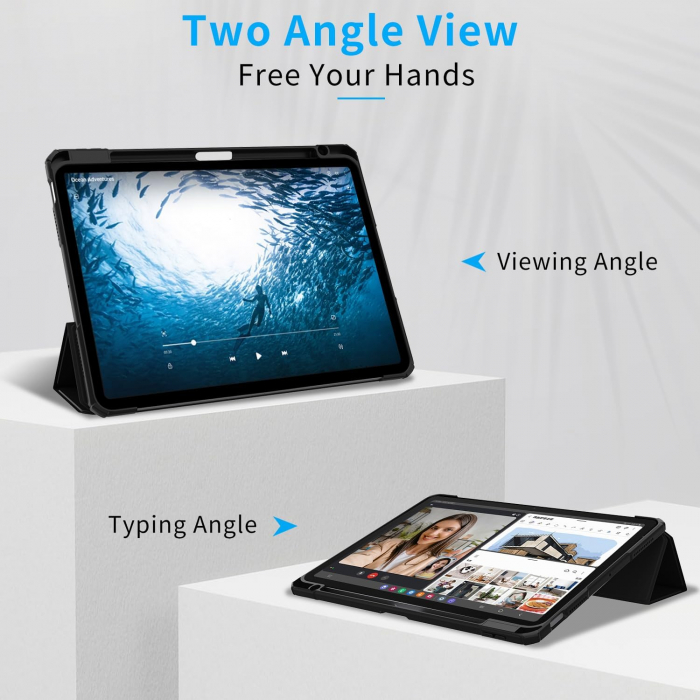Husă iPad Pro 11 inch M4 2024, cu suport pentru creion, suport triplu din piele PU, cu Auto Wake Sleep-neagra [4]