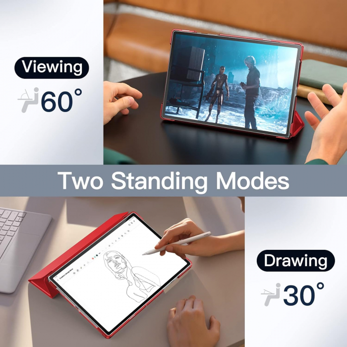 Husă Samsung Galaxy Tab A8 10.5 inch 2021 (SM-X200/X205/X207), subțire, translucidă, cu suport pliabil, pentru trezire/somn automat (Roșu) [6]