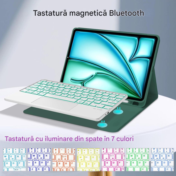 Husă si tastatură compatibil cu iPad Air 11" M2/M3, iluminata 7 culori – Verde închis [6]