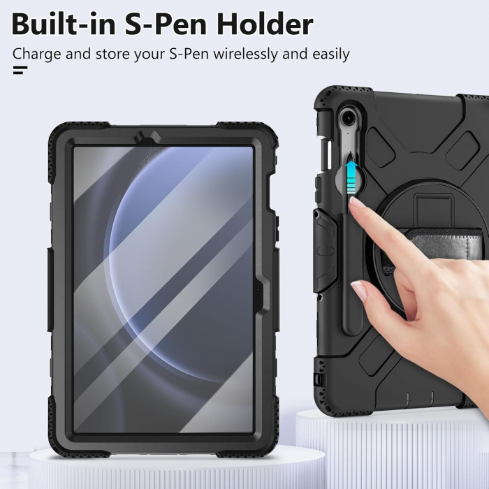 Husă socuri Samsung Galaxy Tab S9 FE 11.9 2023, calitate militară, cu 3 straturi, cu protecție pentru ecran, suport pentru stilou S, suport rotativ, negru [3]