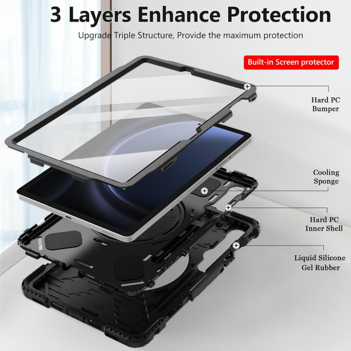 Husă socuri Samsung Galaxy Tab S9 FE 11.9 2023, calitate militară, cu 3 straturi, cu protecție pentru ecran, suport pentru stilou S, suport rotativ, negru [2]