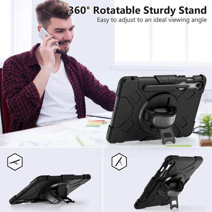 Husă socuri Samsung Galaxy Tab S9 FE 11.9 2023, calitate militară, cu 3 straturi, cu protecție pentru ecran, suport pentru stilou S, suport rotativ, negru [4]