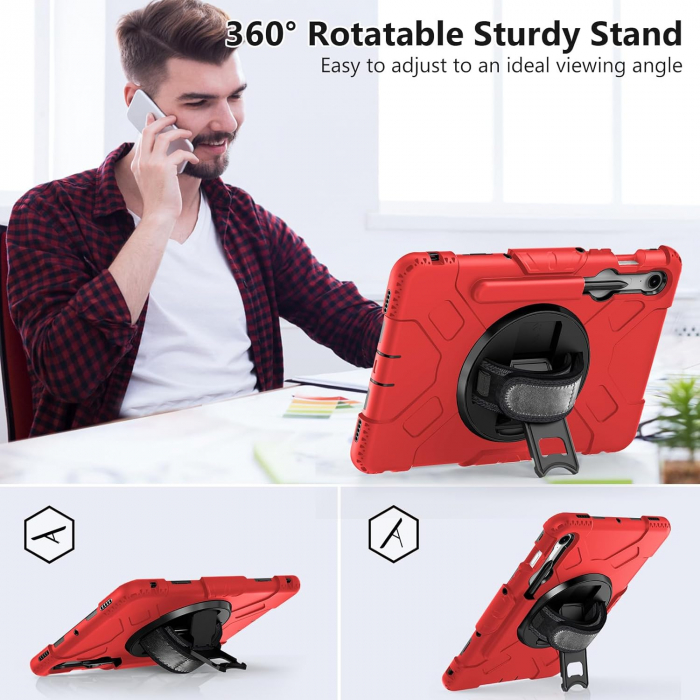 Husă socuri Samsung Galaxy Tab S9 FE 11.9 2023, calitate militară, cu 3 straturi, cu protecție pentru ecran, suport pentru stilou S, suport rotativ, rosu [4]