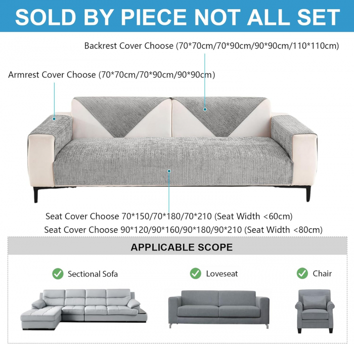 Husa universală anti-alunecare, protector de canapea solid cu textura groasă 70x90 cm, gri deschis [3]