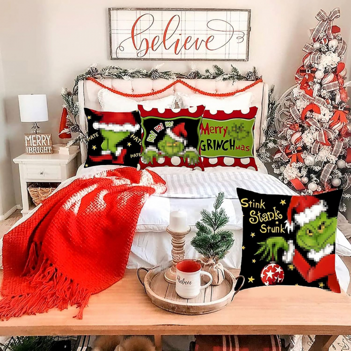 Huse de perini ornamentale 45x45 cm, set 4 bucati, model Grinch [3]