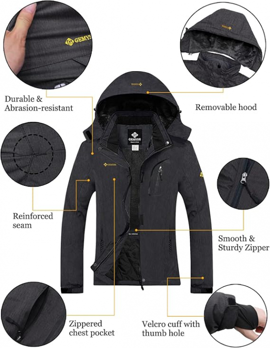 Jacheta sport femei, captusita, impermeabila, cu gluga si 4 buzunare, negru XL [6]