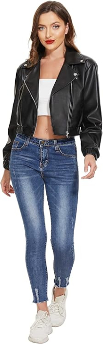 Jachetă Biker din Piele Sintetică pentru Femei - Oversized Scurtă Neagră cu Fermoar 2XL [4]