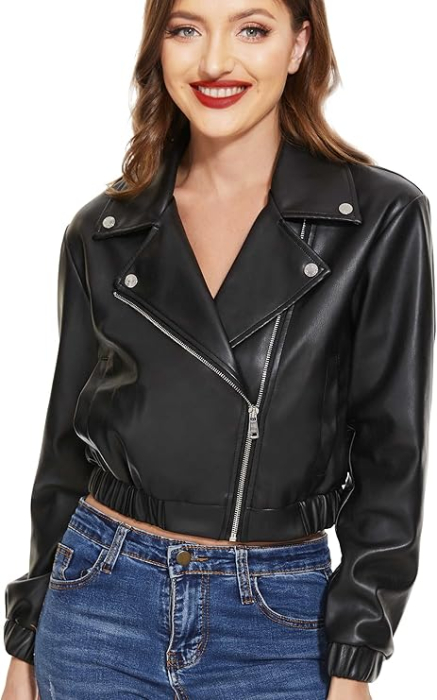 Jachetă Biker din Piele Sintetică pentru Femei - Oversized Scurtă Neagră cu Fermoar 2XL [5]