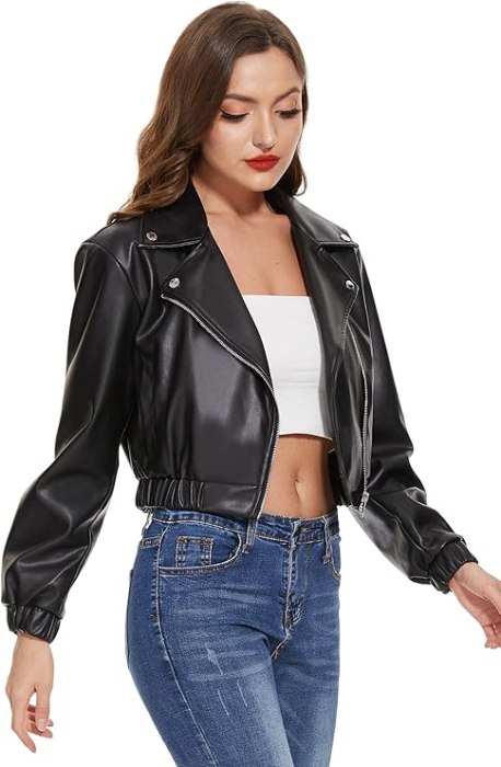 Jachetă Biker din Piele Sintetică pentru Femei - Oversized Scurtă Neagră cu Fermoar XL [3]