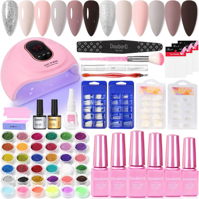 Kit unghii false: lampa UV 60W, 36 bucati pudra de unghii, 6 culori 7 ml lac cu gel si, 400 unghii false [1]