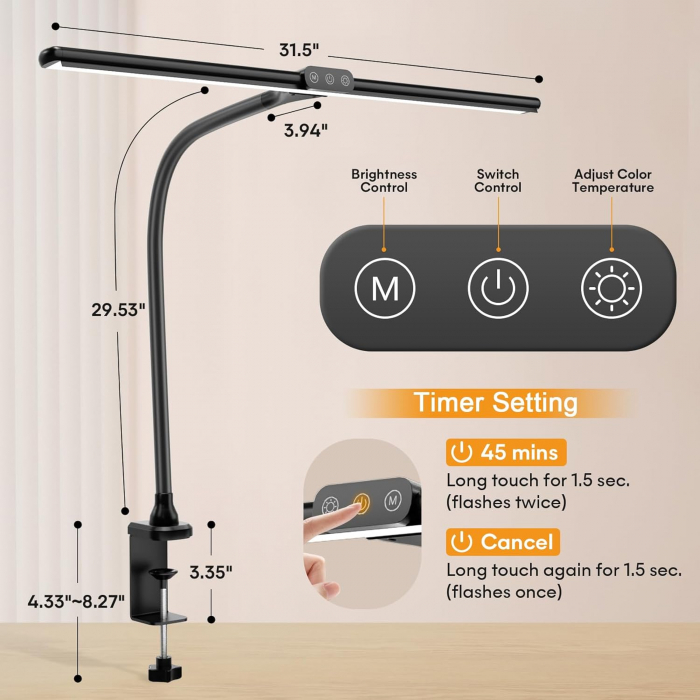 Lampa de birou flexibila, neagra, 5 moduri de luminozitate, 3000K la 6000K, comenzi tactile [5]