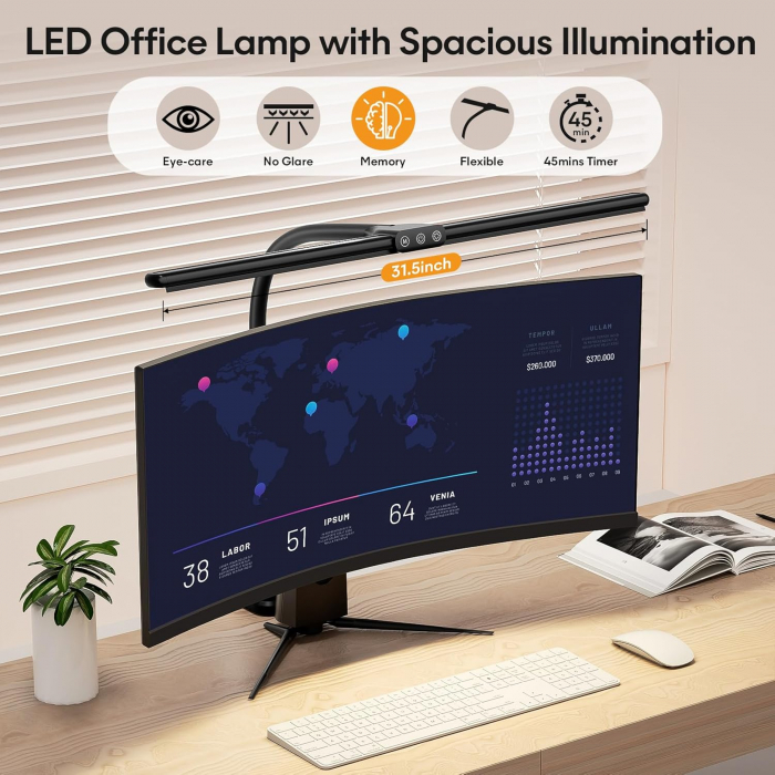 Lampa de birou flexibila, neagra, 5 moduri de luminozitate, 3000K la 6000K, comenzi tactile [4]