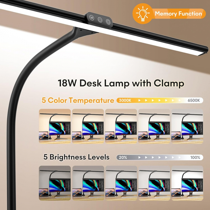 Lampa de birou flexibila, neagra, 5 moduri de luminozitate, 3000K la 6000K, comenzi tactile [2]