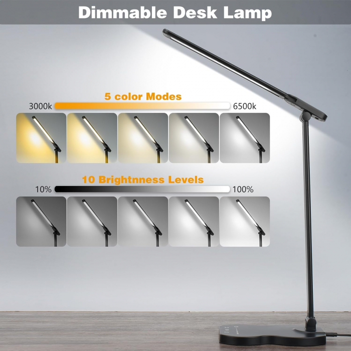 Lampa de birou LED cu control tactil, intensitate reglabilă, funcție de încărcare USB, 5 moduri de culoare și 10 niveluri de luminozitate, temporizator de 45 de minute [2]