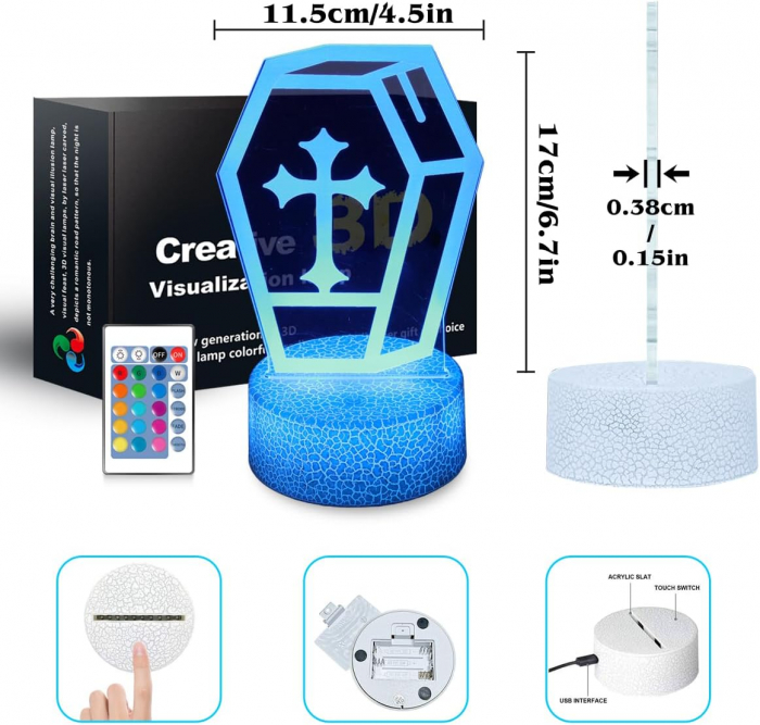 Lampa de veghe 3D Craniu, 16 culori, telecomanda, alimentare USB sau baterii, 3 imagini [6]