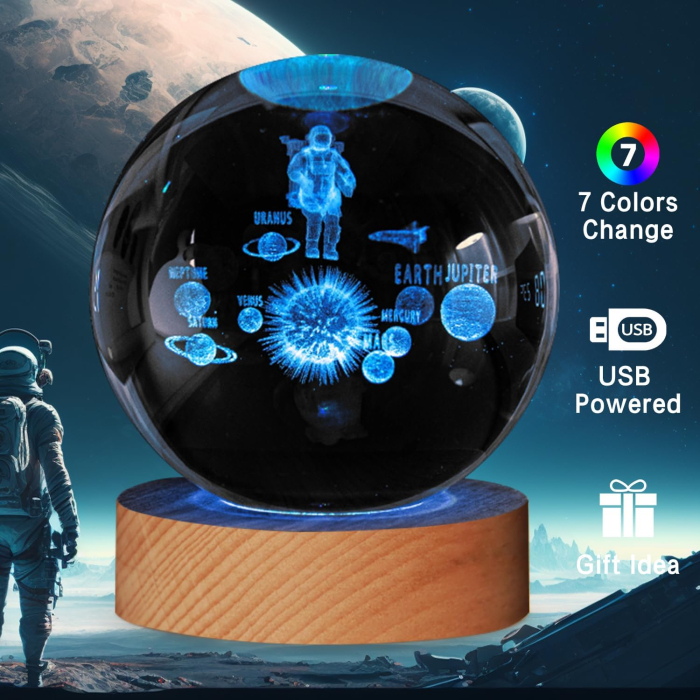 Lampa de veghe 3D Sferă de cristal Astronaut in spatiu, 8 cm, incarcare USB, 7 culori [5]