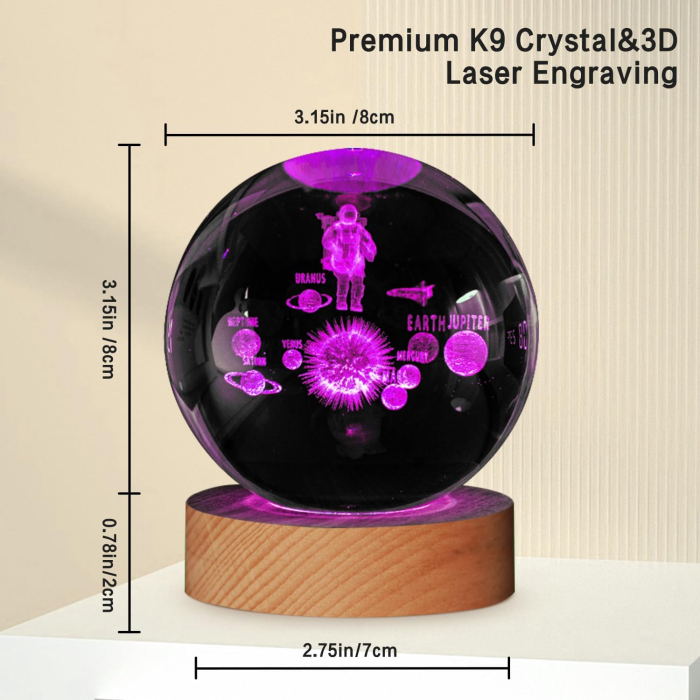Lampa de veghe 3D Sferă de cristal Astronaut in spatiu, 8 cm, incarcare USB, 7 culori [4]