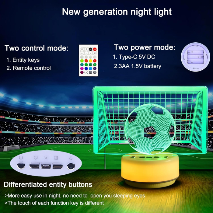 Lampa de veghe 3D Fotbal 14 culori, 5 nivele lumina, temporizator, telecomanda [7]