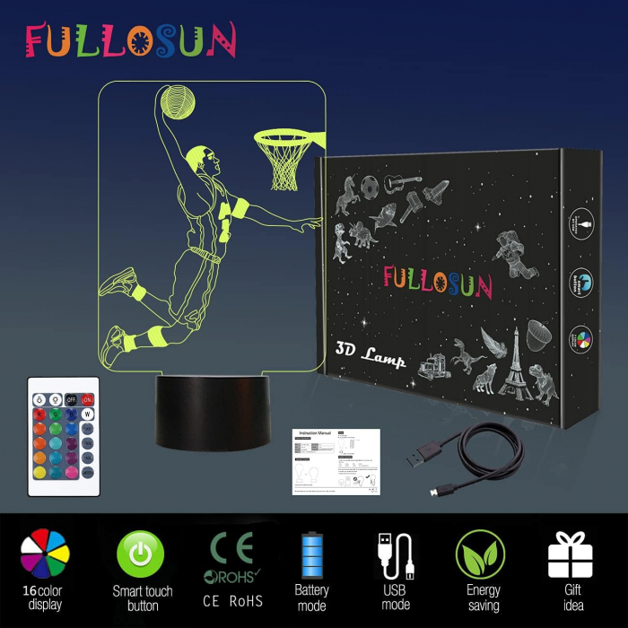 Lampa de veghe 3D Baschet, 16 culori, telecomanda, alimentare USB sau baterii [6]