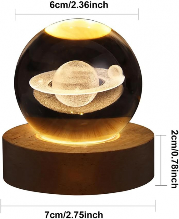 Lampa de veghe LED cu bila cristal 3D 60 mm si suport din lemn [6]