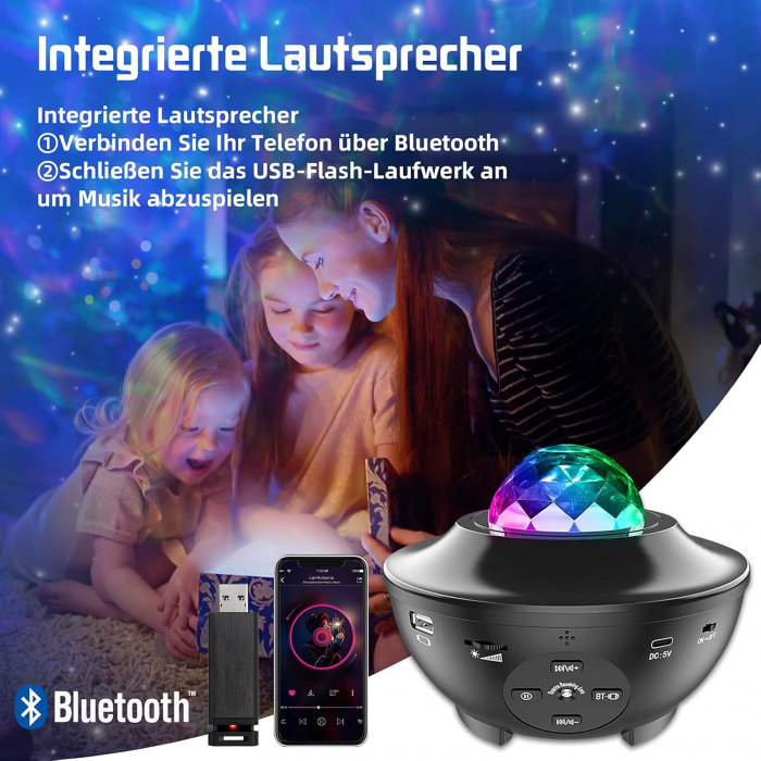 Proiector LED cu cer înstelat, cu valuri de apă rotative, cu telecomandă, player muzical cu Bluetooth [5]