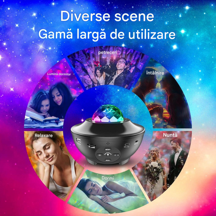 Proiector LED cu cer înstelat, cu valuri de apă rotative, cu telecomandă, player muzical cu Bluetooth [7]