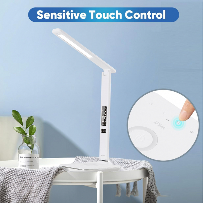 Lampa LED de birou cu afisaj ceas, termometru, calendar si incarcare telefon wireless alb [5]