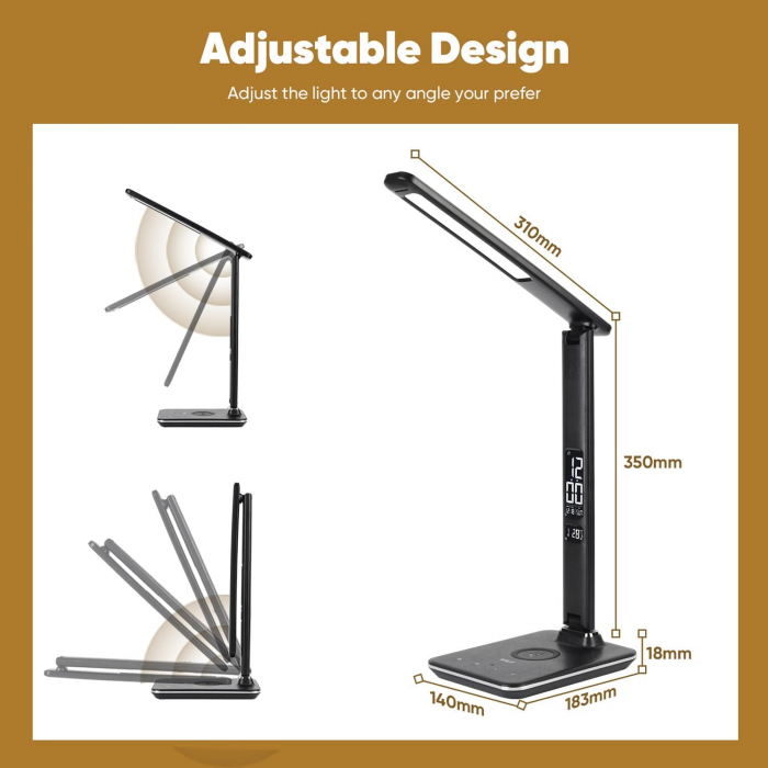 Lampa LED de birou cu afisaj ceas, termometru, calendar si incarcare telefon wireless negru [2]