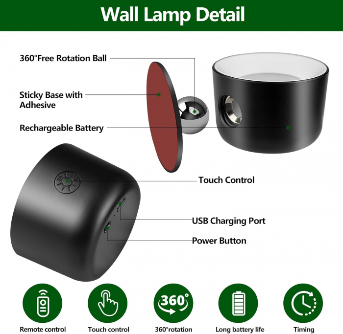 Lampa rotativa de perete cu telecomanda, reincarcabila, 5 Niveluri de luminozitate &7 culori cu 2500 mAh [4]