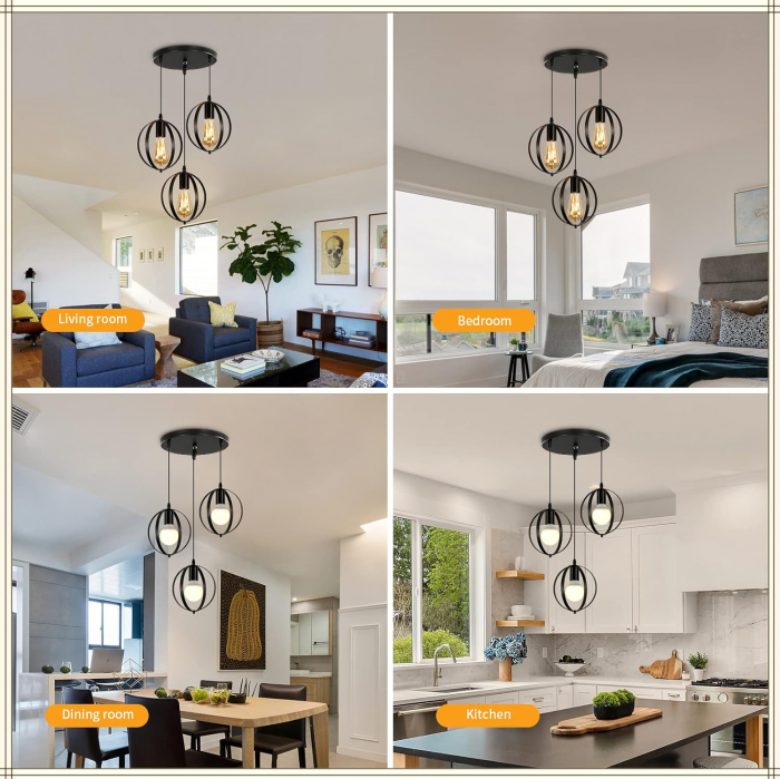 Lampa neagra, suspendata, din metal, cu 3 becuri E27 [8]