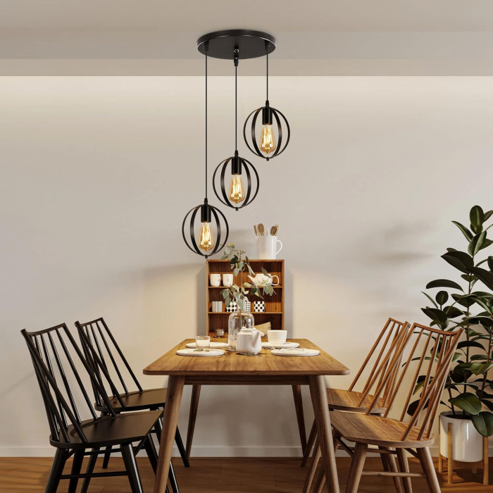 Lampa neagra, suspendata, din metal, cu 3 becuri E27 [4]