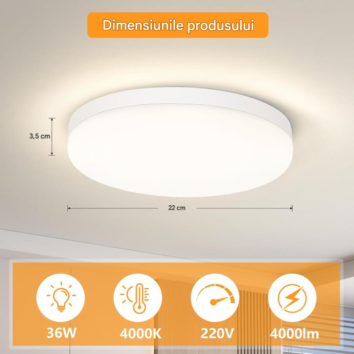 Set 2 Plafoniere LED, 36W, lampi Lumină Neutră 4000K, CRI 90+, Diametru 22 cm [7]