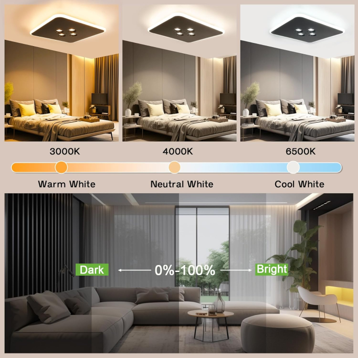 Lampa plafon LED 40W,intensitate reglabilă și telecomandă, pătrată neagră, 3000K-6500K [3]