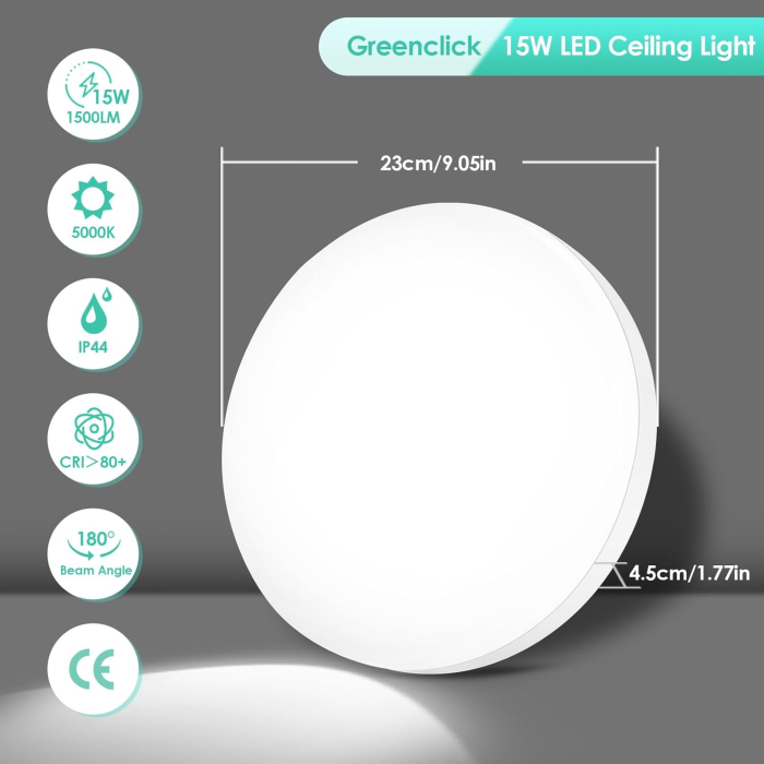 Lampa plafon 15W, rotundă și plată, super strălucitoare, 1500LM 5000K, IP44, diametru 230 mm [2]