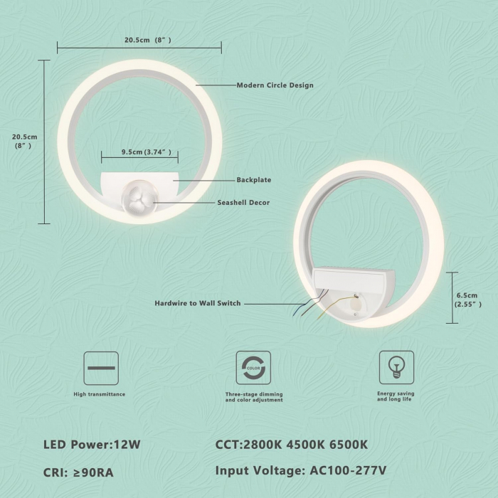 Lampa rotunda de perete din acril de 12W, 1080LM, cu 3 temperaturi de culoare (2700K-6500K) [7]