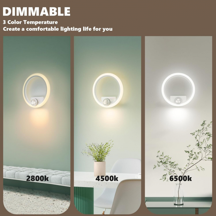 Lampa rotunda de perete din acril de 12W, 1080LM, cu 3 temperaturi de culoare (2700K-6500K) [3]