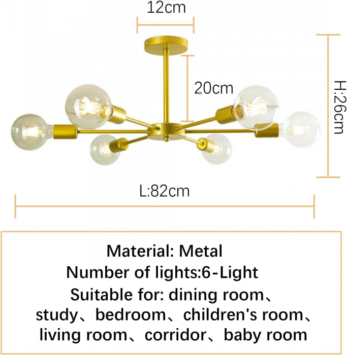 Lampa suspendata aurie din metal, cu 6 brate, bec E27 [3]